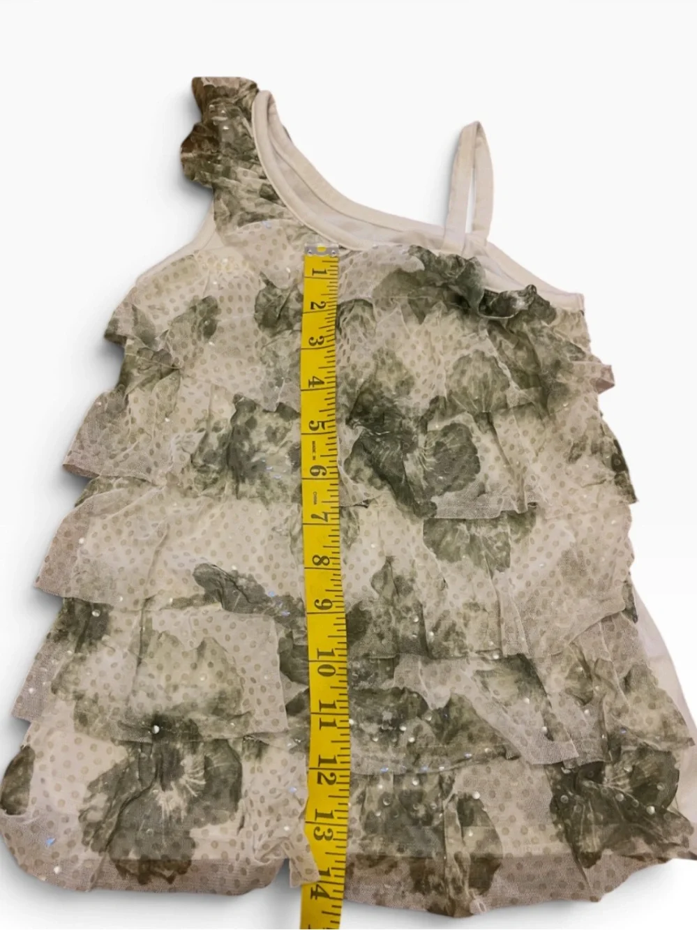 Y2k Vintage Layered Ruffle Top. One shoulder Green floral